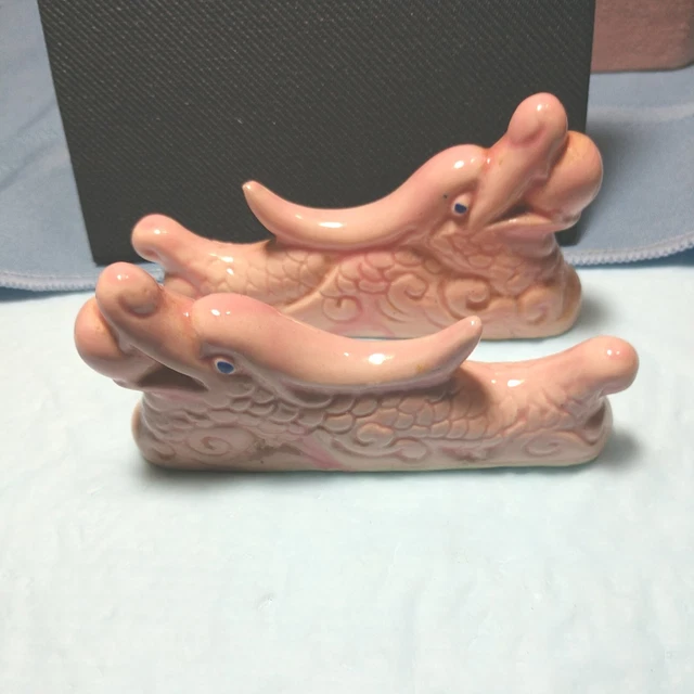 Vintage Pottery Pair Of Pink Figural Dragons Set of 2 Excellent
