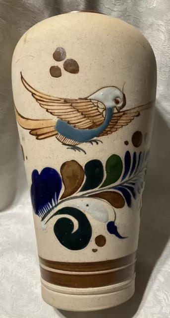 Vtg Large Tonala Mexican Signed Pottery Vase Mexico Bird Flower, Hand Painted