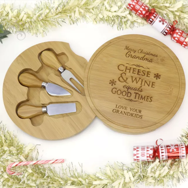 Christmas Engraved Round Cheese Board with Utensils. Personalised Xmas Gift