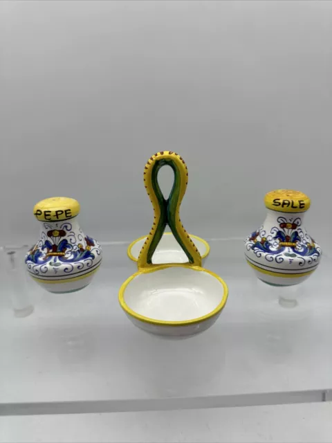 Italian Hand Painted Tuscan Salt/Pepper Set And Plate ByArte D’Talia MQ 57