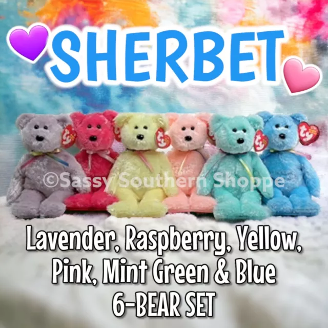 ❤️ SHERBET Fuzzy Pastel BEARS (6) Ty® Beanie Babies *COMPLETE SET OF SIX!*