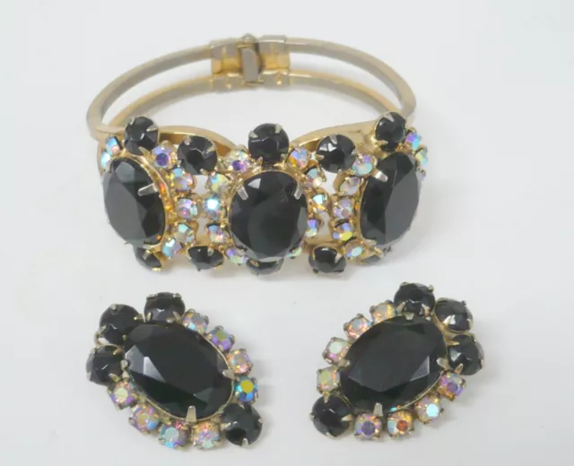 Estate Vintage Costume Bracelet Earrings Set, Not Signed  Black, AB Clear WOW