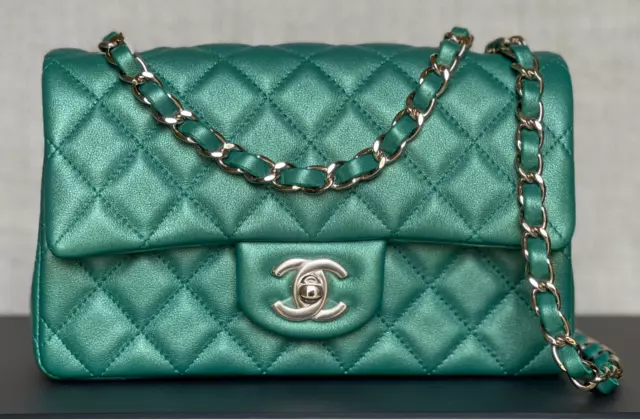 BNIB AUTHENTIC CHANEL Iridescent Green Lambskin Gold Hardware Mini