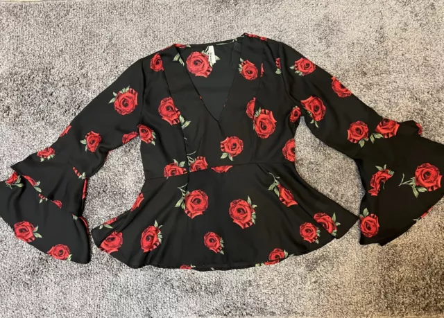 Live 4 Truth Bell Sleeve Blouse Black With Red Roses With Side Zipper Size Large