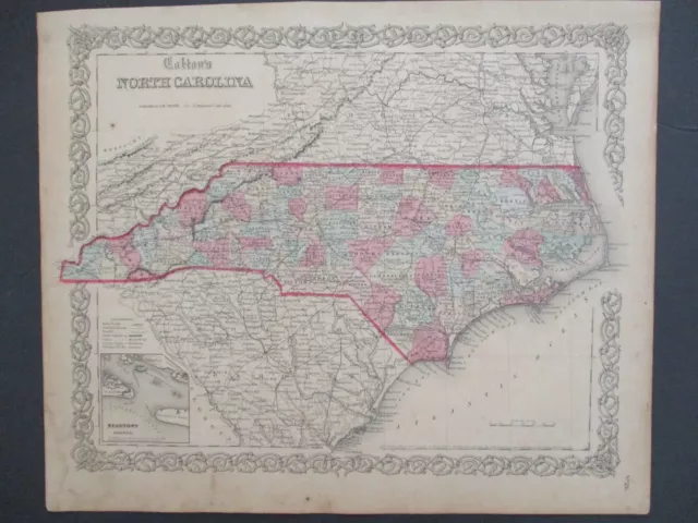 1855 Colton  Hand Color State Map  North Carolina Beaufort Harbor