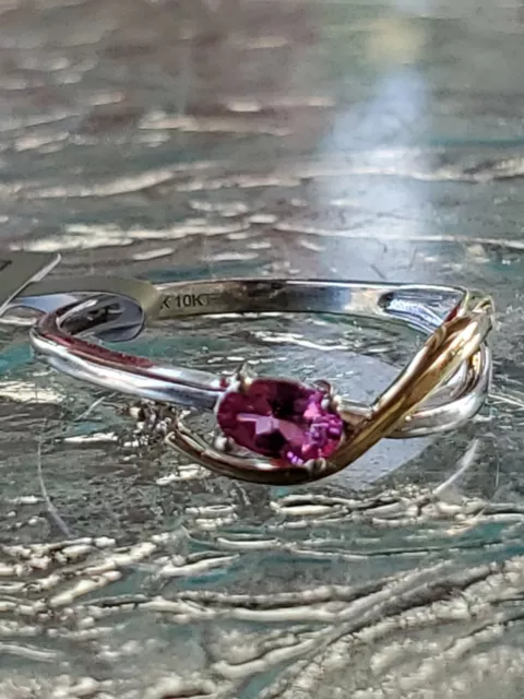 Pink Sapphire Created Oval Cut & Diam Ring 2 Tone 10kt Solid White& Yellow Gold