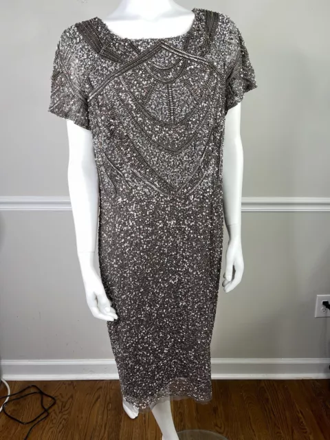 Adrianna Papell Dress Size 18 W Lead Short Sleeve Sequins Mesh Beaded Cocktail