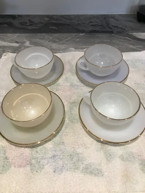 4 Vintage Arcopal HARLEQUIN cups & Saucers Tea set Lustre glass Opalescent