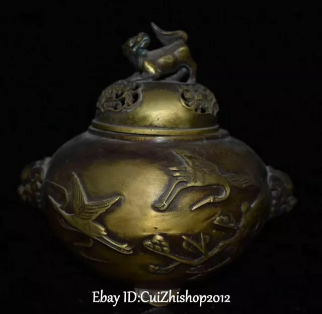 Old Chinese Bronze Dynasty Dragon Lion Beast Crane Bird Incense Burner Censer