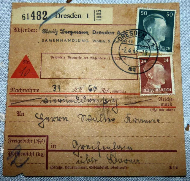 Paketkarte 482 Dresden 1 1943 MiF Deutsches Reich Paket Karte (3082