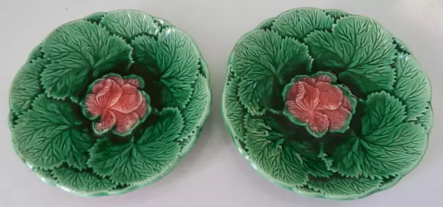 19th Century Begonia Floral Leaf Majolica 5.75" Plates Set of Two