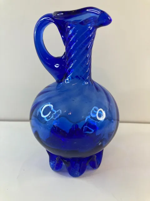 Art Glass Hand Blown Cobalt Blue 5.5" Pitcher Vase Spiral w/Applied Handle