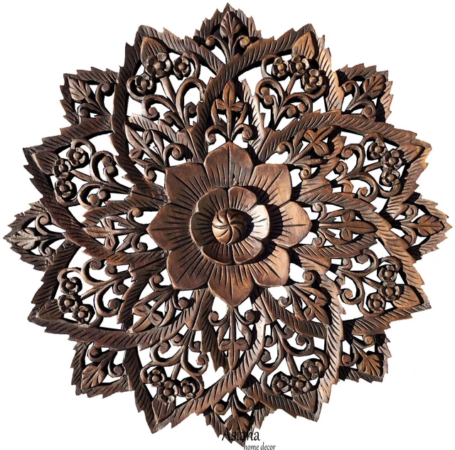Round Wood Carved Floral Wall Art Decor.Asian Home Decor Wood Wall Panels. 24"