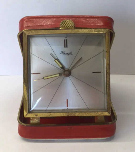 Vintage Kienzle Travel Alarm Clock In Red & White Leather Case