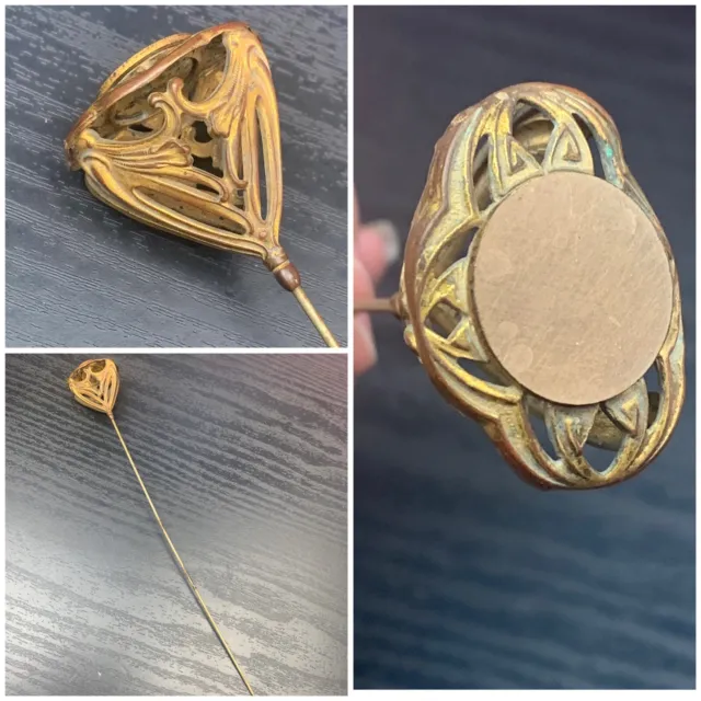 Art Nouveau Hatpin Large Gold Tone 8” Filigree Antique Not Engraved
