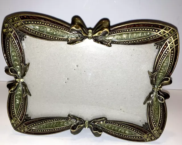 Olive Green Jeweled Enamel Photo Frame with Rhinestones Bows Art Deco by SK