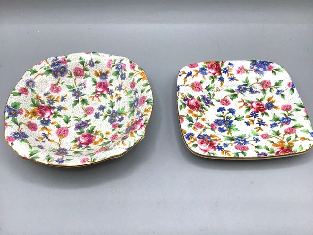 1930s Royal Winton Grimwades Chintz Old Cottage small bowl & square plate