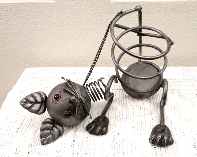 Metal Cat W/Spring Head & Chain, Wine Bottle Holder, Pewter Color Steampunk Look
