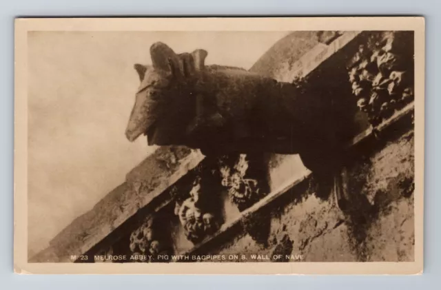 Scotland RPPC, Melrose Abbey, Pig With Bagpipes, Wall Of Nave, Vintage Postcard