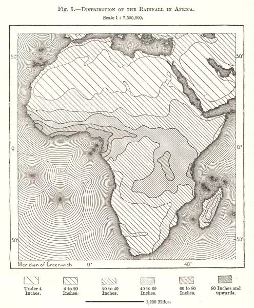 Distribution of the Rainfall in Africa. Sketch map 1885 old antique chart