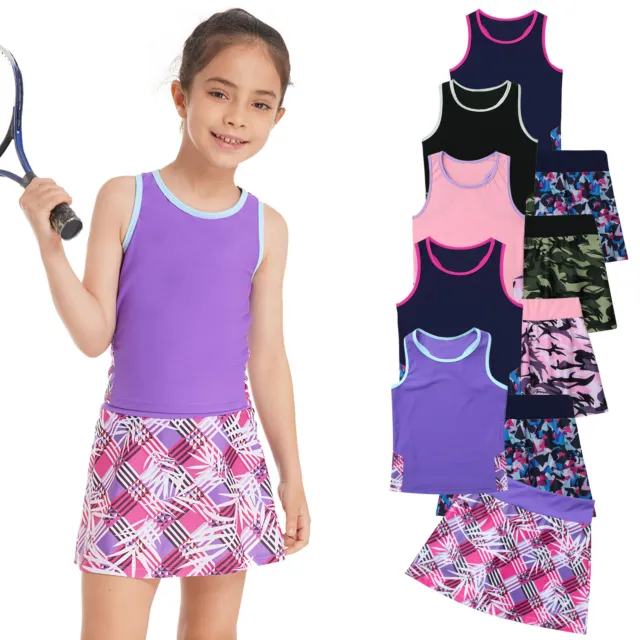 Kids Girls Golf Tennis Outfits Tracksuits Racer Back Tank Tops + Skirts Swimwear