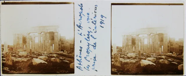 GRECE ACROPOLE Propylées STEREO 45x107mm Plaque de verre positive, 1919