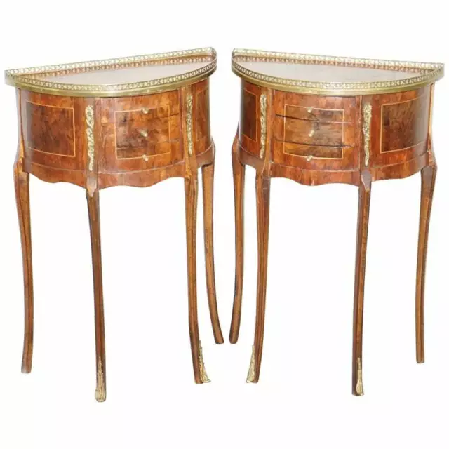 Pair Of Circa 1900 French Burr Walnut Brass Gallery Rail Demi Lune Side Tables