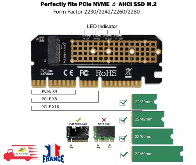 Carte Adaptateur M.2 NVMe SSD vers PCIe Express x4 x8 x16,  2230 2242 2260 2280