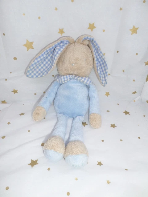 ⑮ - Doudou Peluche Lapin Beige Bleu Col Vichy Bleu Blanc Klorane