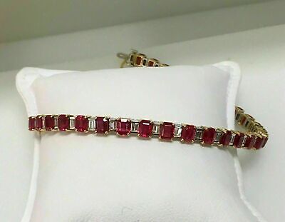 20CT Emerald Cut Red Ruby & Diamond 14K Yellow & White Gold Over Tennis Bracelet