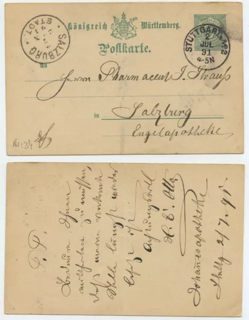 53098 - Württemberg Ganzsache P 34 - Stuttgart 2.7.1891 nach Salzburg