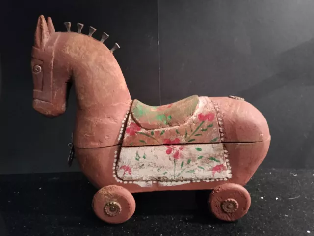 Wood Carved Horse Primitive Folk Art Painted With Wheels Nail Mane 1930s 2