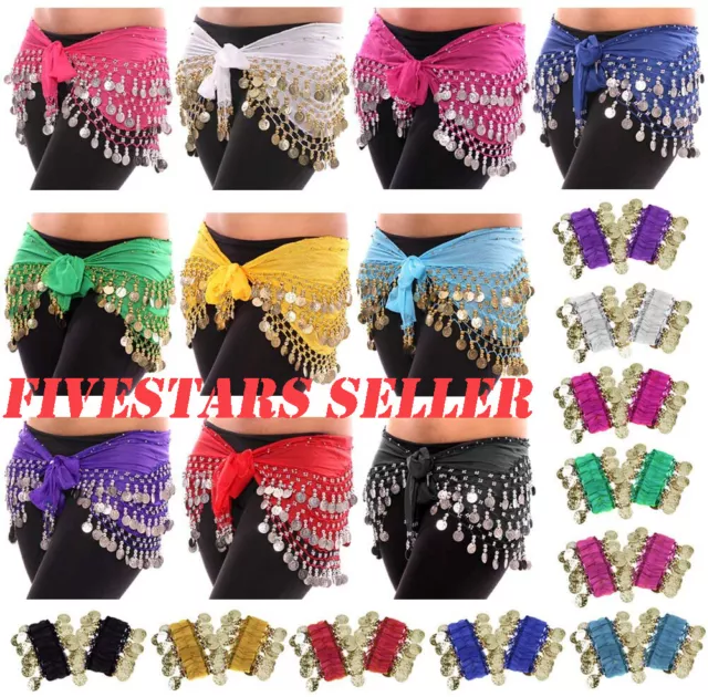 Womens Belly Dance Hip Skirt Scarf Wrap Belt Hipscarf Gold/Silver Coins US FAST