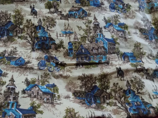 Vintage Toile Fabric Colonial Mill Western Church Horse Wagon Material Trees