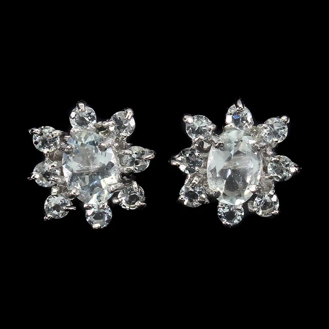 Unheated Oval Aquamarine 7x5mm 14K White Gold Plate 925 Sterling Silver Earrings