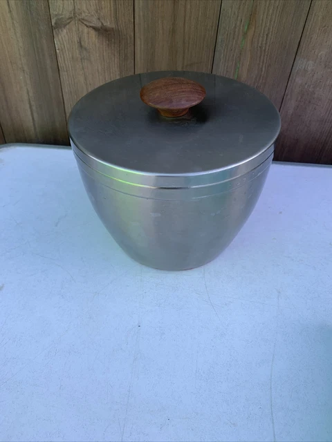MID-CENTURY STAINLESS STEEL Ice Champagne Bucket Glass Insert Teak Wood ...