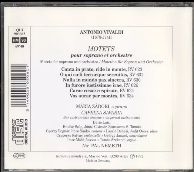 VIVALDI - 6 Motets - Maria ZADORA / Pal NEMETH - Capella Savaria -Harmonia Mundi 2