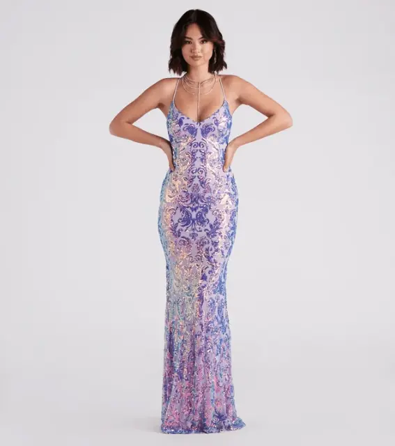 NWT Windsor Taisia Formal Sequin Scroll Dress Lavender Purple Prom Party Size XS