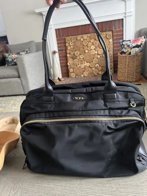 TUMI Colina Voyageur Duffle Black Carry All Travel Bag Gold Accents