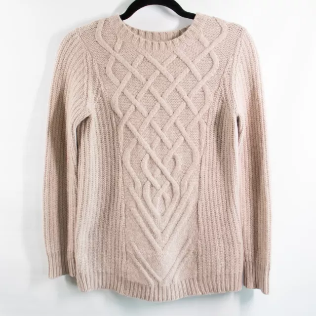 Tahari Cashmere Sweater Medium Taupe Brown Crewneck Pullover Thick Cableknit