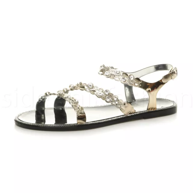 Womens ladies flat diamante sparkly cross-bar strappy jelly sandals size 3 36