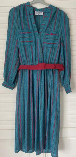 DOLINA Blue Label Sydney By Ronen Young VINTAGE GREEN STRIPED BELT DRESS SIZE 10