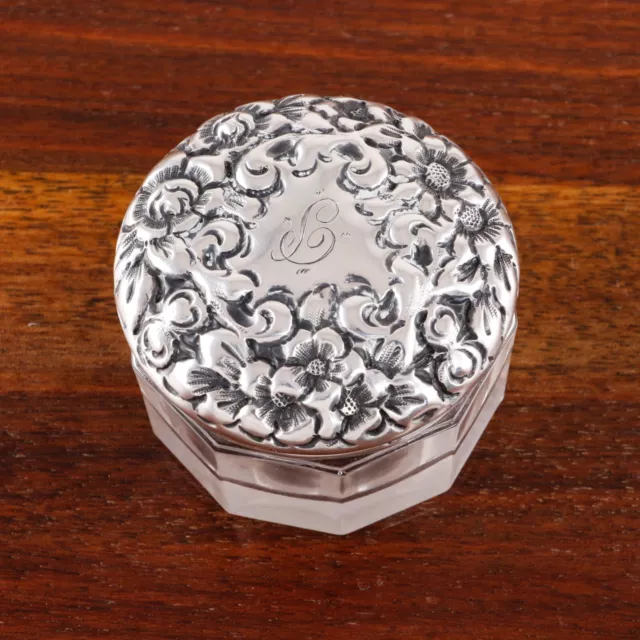 Lapierre Victorian Sterling Silver & Glass Dresser Jar Florals 1890 Monogram P