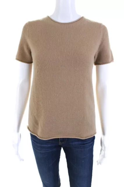 Theory Womens Cashmere Knit Crew Neck Short Sleeve Sweater Top Beige Size S