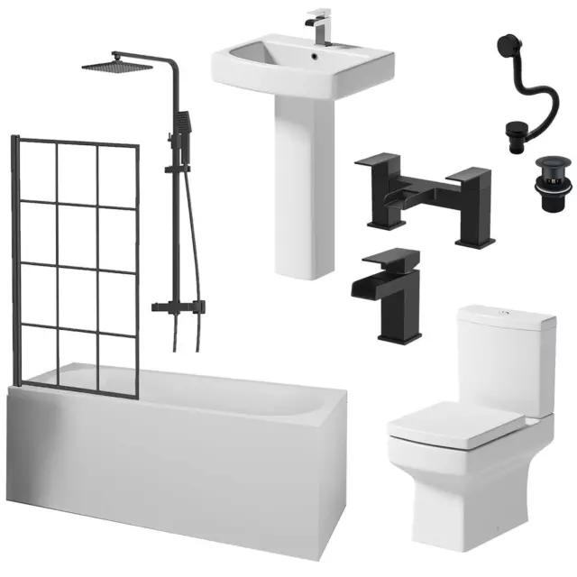 Complete Bathroom Suite Black 15/16/1700mm Bath Shower Screen Toilet Basin Taps