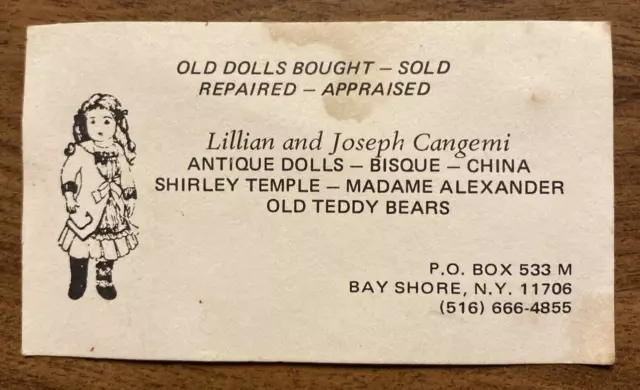Vtg Antique Doll Teddy Bear Repairs Appraised Business Card Bay Shore NY P9d