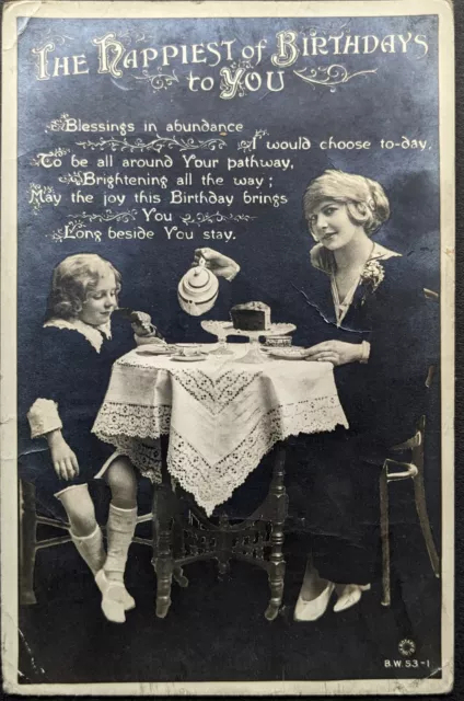 Afternoon Tea, Pretty Woman w Boy Real Photo Rotary Birthday Postcard 1917