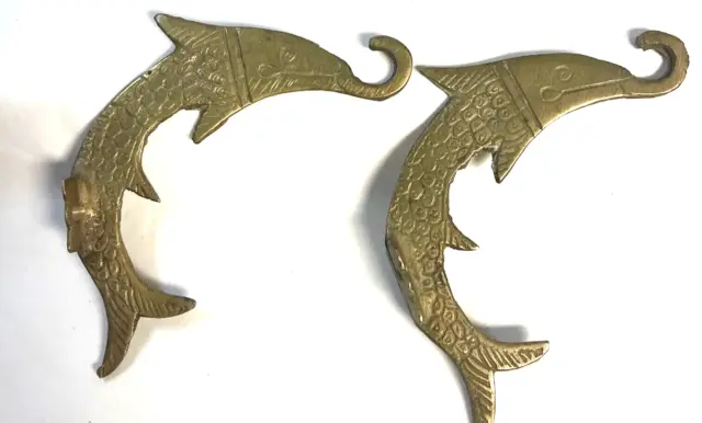 Pair of Vintage Antique Solid Brass Koi Fish Key Cloth Hat Wall Mounted Hooks