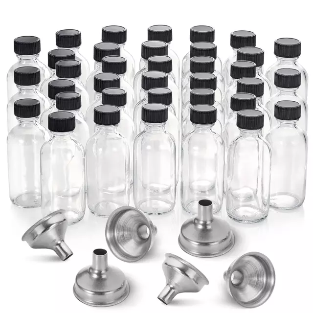 6 Pack, 4 oz Small Clear Glass Bottles with Lids & 2 Stainless