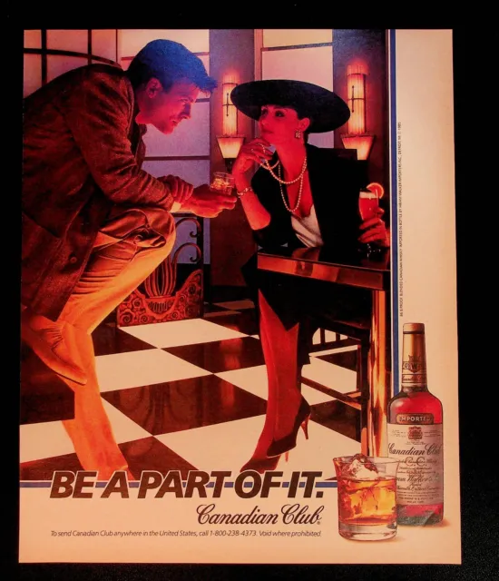 c1980s flirting models photo bar decor Canadian Club whiskey vintage print ad